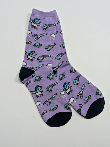 Flying Unicorn Spaceship Star Crew Socks