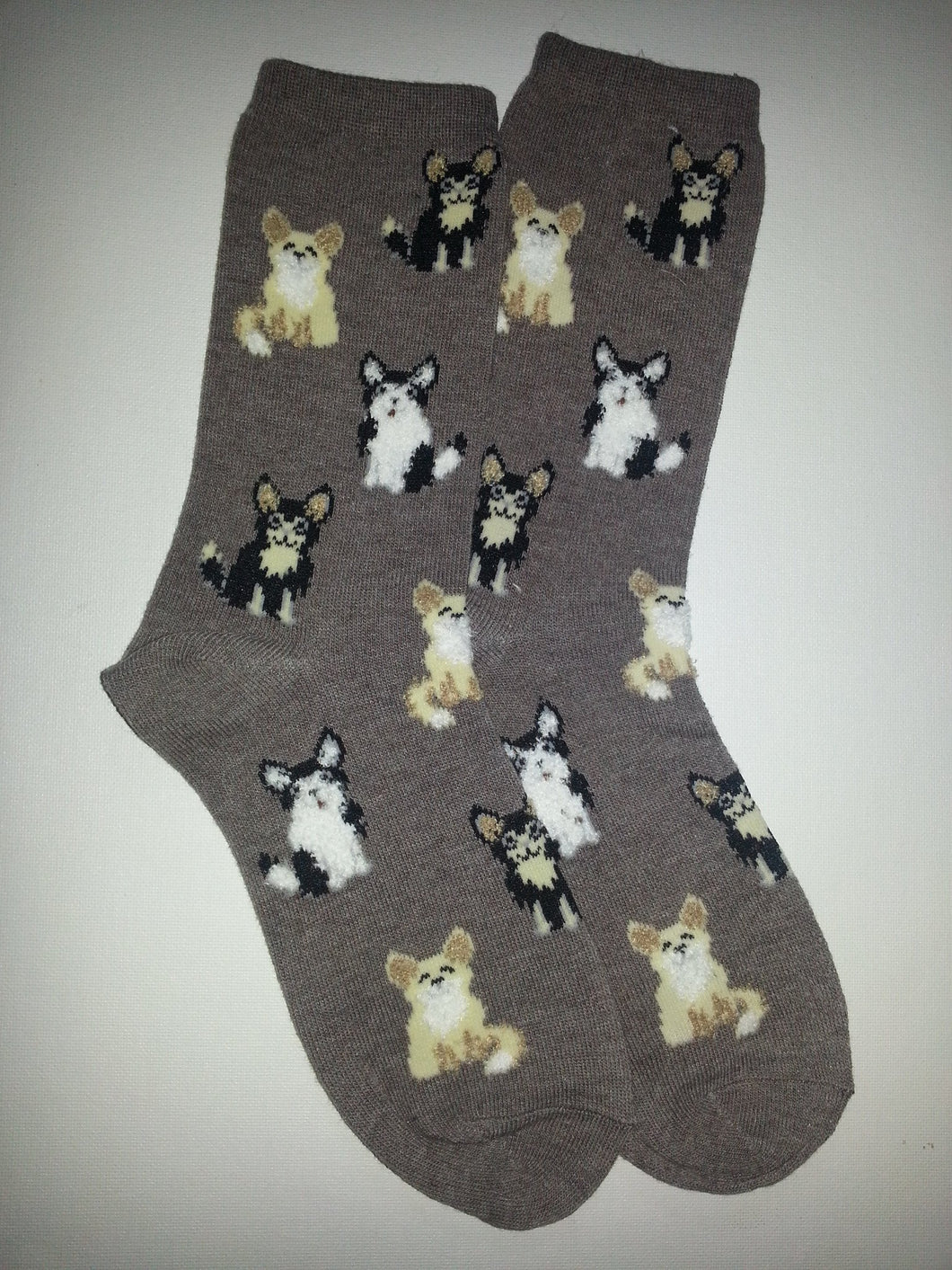 Furry Dogs on Beige Crew Socks