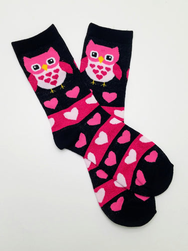 Owl Hearts Pink & Black Crew Socks