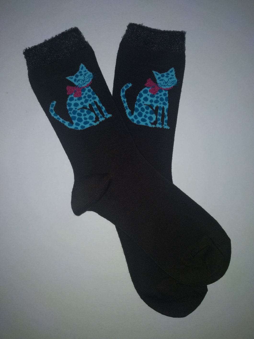 Blue Polkadot Cat Brown Crew Socks