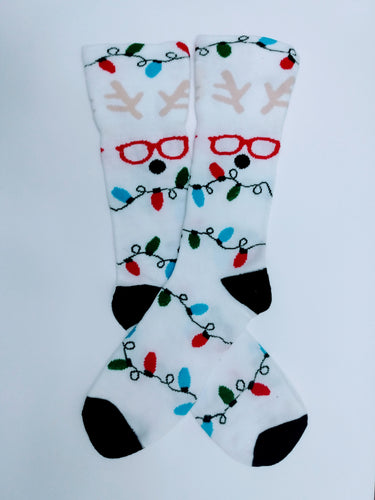 Reindeer Head Christmas Lights Crew Socks