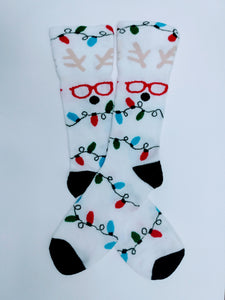 Reindeer Head Christmas Lights Crew Socks